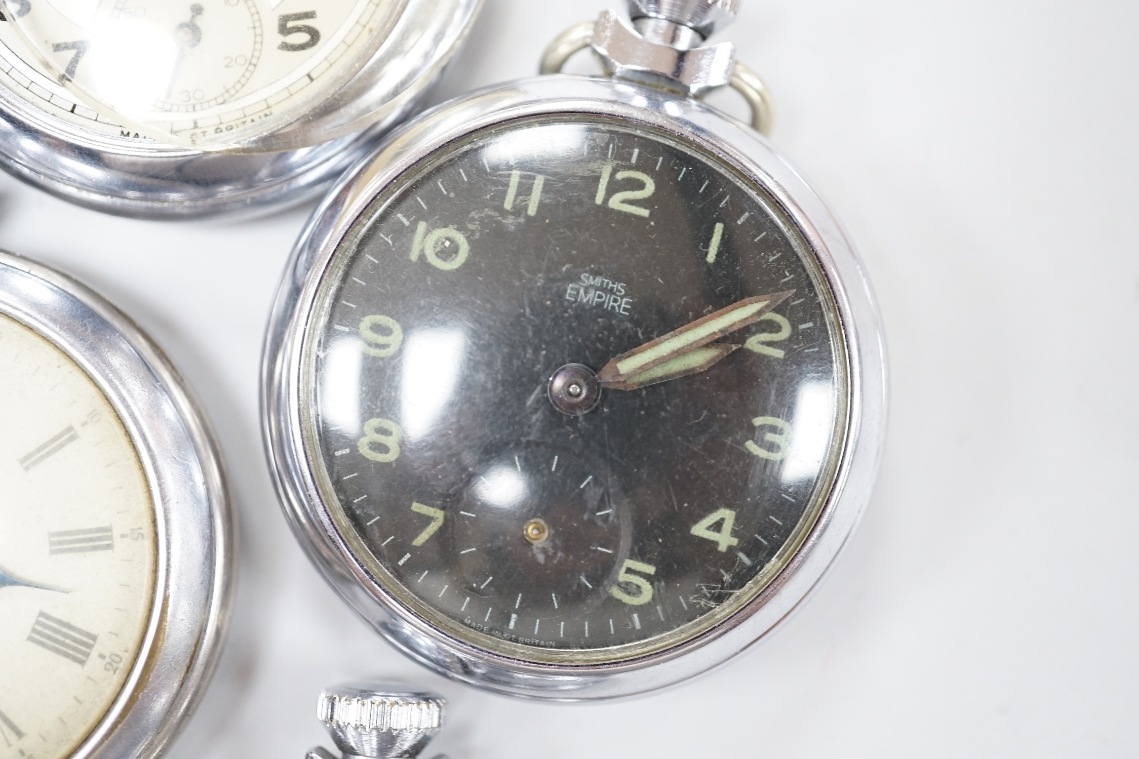 Ten assorted base metal pocket watches including Ingersoll, Services Excel and Smiths.